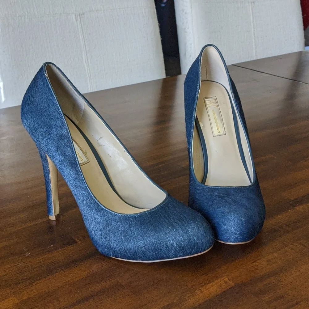 INC Blue Denim Calf Fur Heels 7.5 - Picture 1 of 8